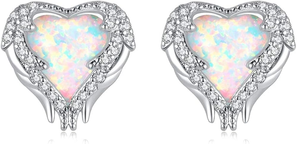 CiNily Angel Wing Earrings for Women-White Opal Heart Stud Earrings Cubic Zirconia Opal Jewelry Gifts for Ladies Mom Girls