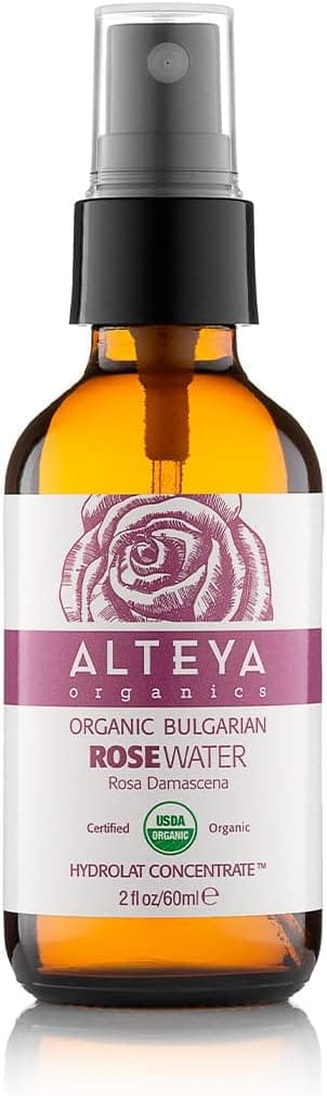 Alteya Organics Rose Water USDA Certified Organic Facial Toner, 2 Fl Oz/60mL Pure Bulgarian Rosa Damascena Flower Water, Award-Winning Moisturizer Amber Glass Spray Bottle