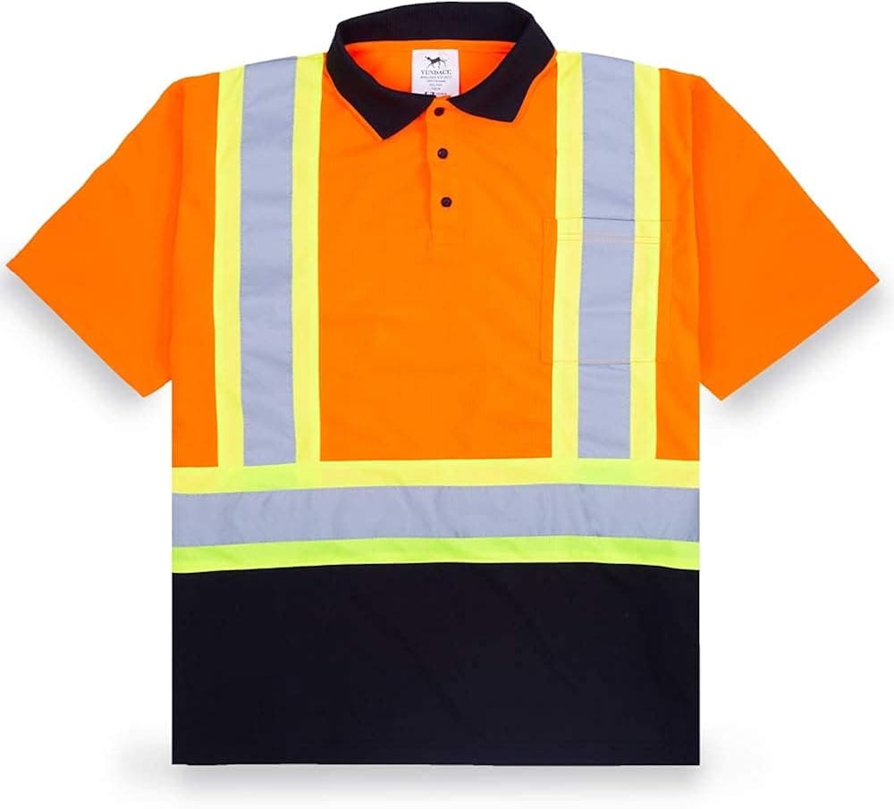 VENDACE Men's High Visibility Safety Reflective Polo Work T Shirts ANSI Class 2 Hi Vis Short Sleeve Shirt with Black Bottom