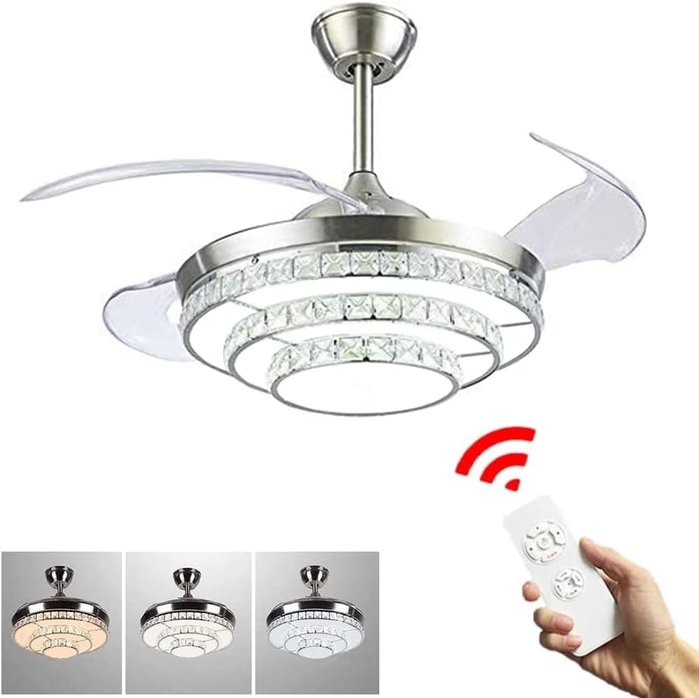 LUOLAX 42" Silver Crystal Invisible Ceiling Fan Light with Remote Control 3 Color Changes LED Chandelier Modern Fandelier Lamp for Dinning Living Room Bedroom Decor (Style 2-Silver)