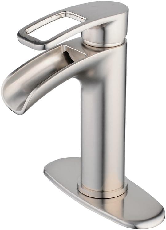 Bathroom Faucet Brushed Nickel Waterfall,Hiendure Brass Single Handle Low Arc Bathroom Sink Faucet with Hole Cover Plate