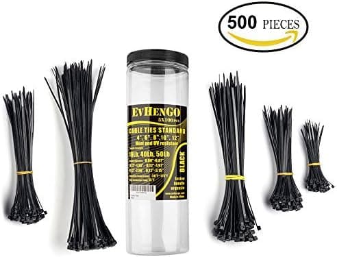 EvHenGO Cable Zip Ties - Assorted Sizes from 4 to 12 Inches - Black Tie Wraps - Heavy Duty, Self-Locking Nylon Cable Ties - 500 Pieces - Combo Pack