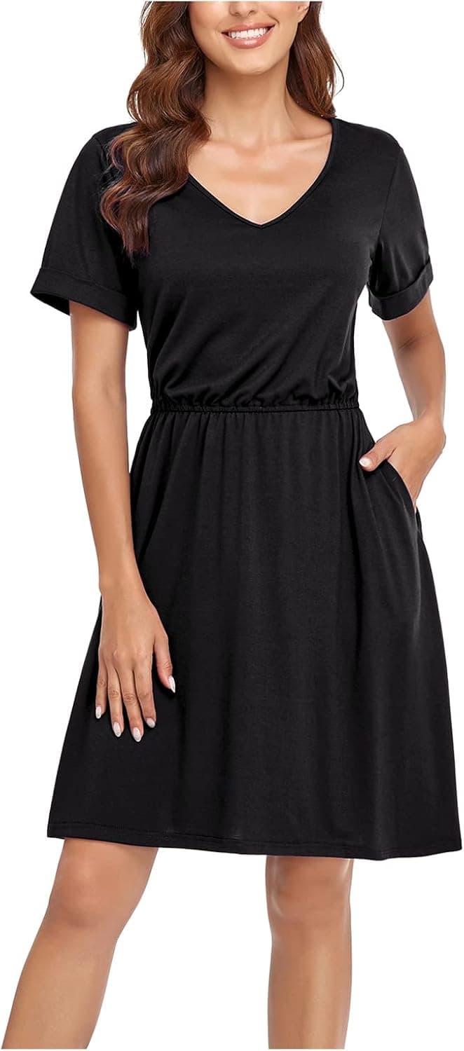 ANRILITA Summer Dresses for Women 2022 V Neck Elastic Waist Short Sleeve Casual Swing Dress with Pockets