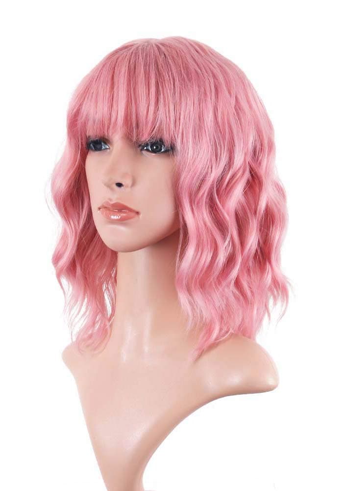 iChicHair 14 Inch Wavy Bob Wigs Women's Short Pink Wigs With Air Bangs Shoulder Length Wig Synthetic Cosplay Wig for Girl Fashion Party Wigs (Pure Pink)