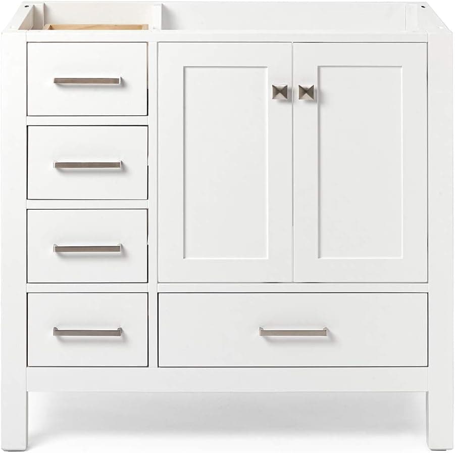 ARIEL 36" inch White Bathroom Vanity Base Cabinet with Right Offset Sink Configuration | 2 Soft Closing Doors and 5 Full Extension Dovetail Drawers | Satin Nickel Hardware | 36" x 21.5" x 34.5"