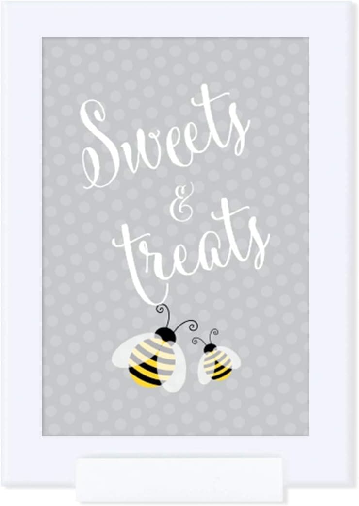 Andaz Press Birthday and Baby Shower Framed Party Sign, Double-Sided 4x6-Inch, Sweets & Treats, Honey Bee Bumblebee, 1-Pack, Includes Frame