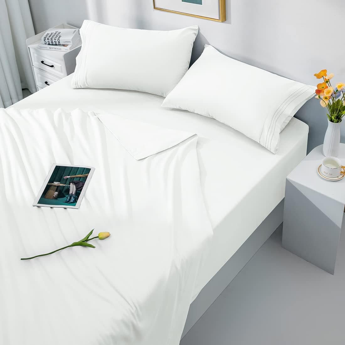 LBRO2M Bed Sheet Set Queen Size 16 Inches Deep Pocket 1800 Thread Count 100% Microfiber Sheet,Bedding Super Soft Comfortable,Wrinkle Cool Warm,4 Piece(White)