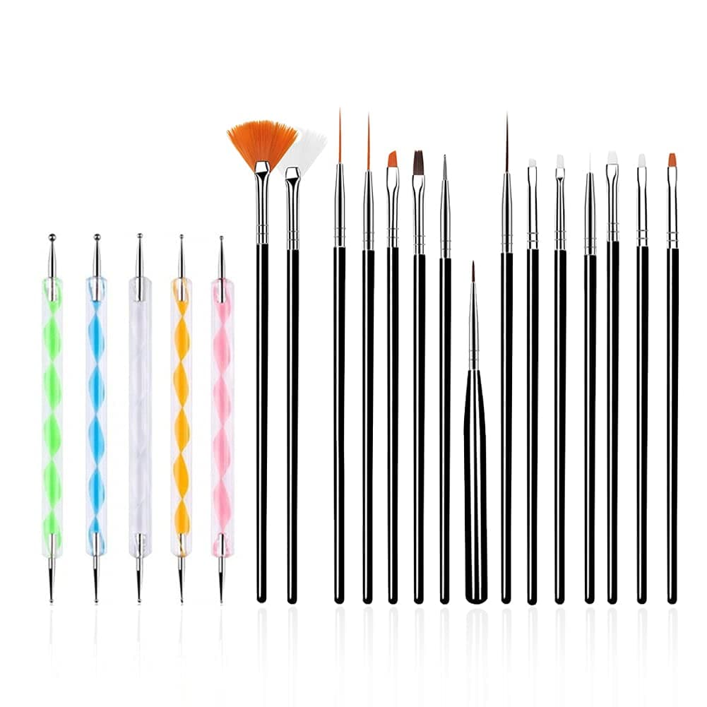 FULINJOY 20PCS Nail Art Design Tools, 15PCS Painting Brushes Set (Black) with 5PCS Dotting Pens