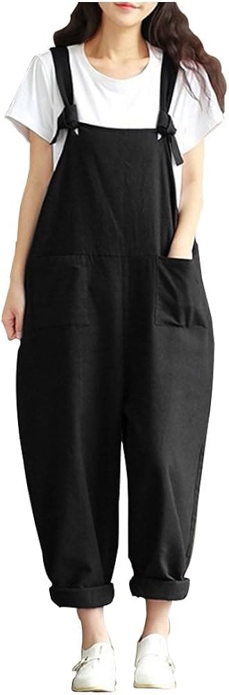 Sobrisah Overalls for Women Casual Cotton Jumpsuit Plus Size Baggy Bib Wide Leg Overalls Pants Black Tag 4XL