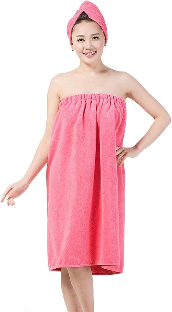 FakeFace Women's Spa Wrap Robe Set Soft Cozy Absorbent Microfiber Bath Towel Cover-up Terry Bathrobe with Drying Hair Hat Turban Cap