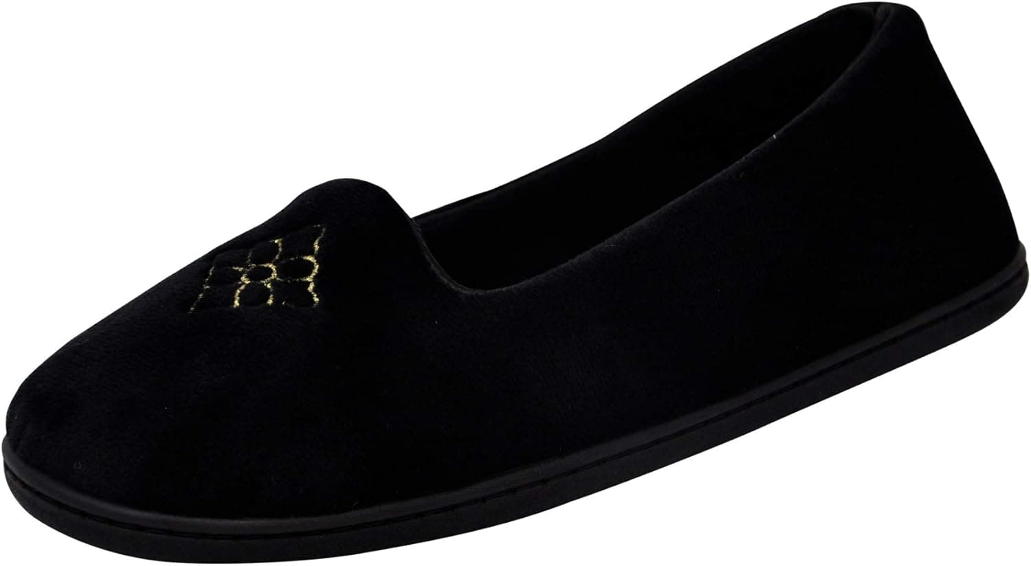 Dearfoams Women's Microfiber Velour Closed Back Slipper, Black/Gold Embroidery, X-Large
