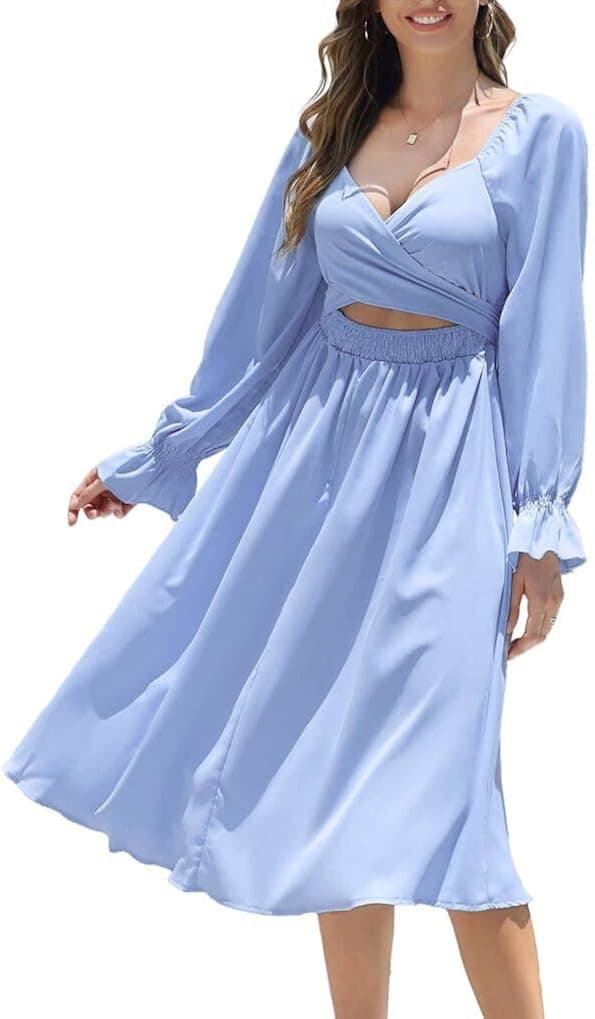 SouqFone Women Square Neck Dress Long Puff Sleeve Ruffle Wrap Midi Dress Smocked Tie Back Reversible Wedding Guest Dresses