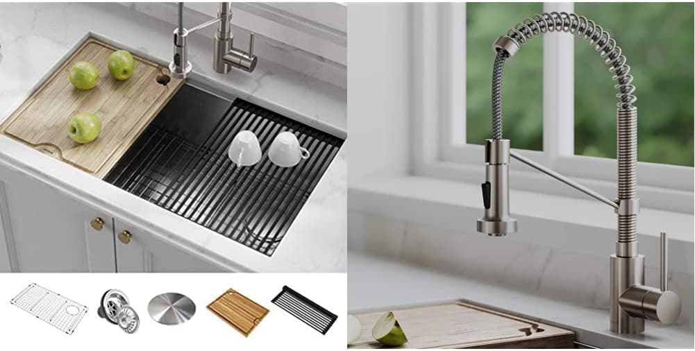 KRAUS KWU110-32 Kore Workstation 32-inch Undermount 16 Gauge Single Bowl Stainless Steel Kitchen Sink & Bolden 18-Inch Commercial Kitchen Faucet with Dual Function Pull-Down Sprayhead