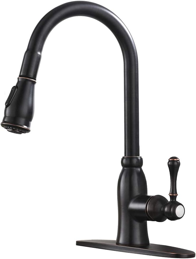 Friho Lead-Free Commercial Oil Rubbed Bronze kitchen faucet,stainless steel high arc single handle pull out faucet with Deck Plate
