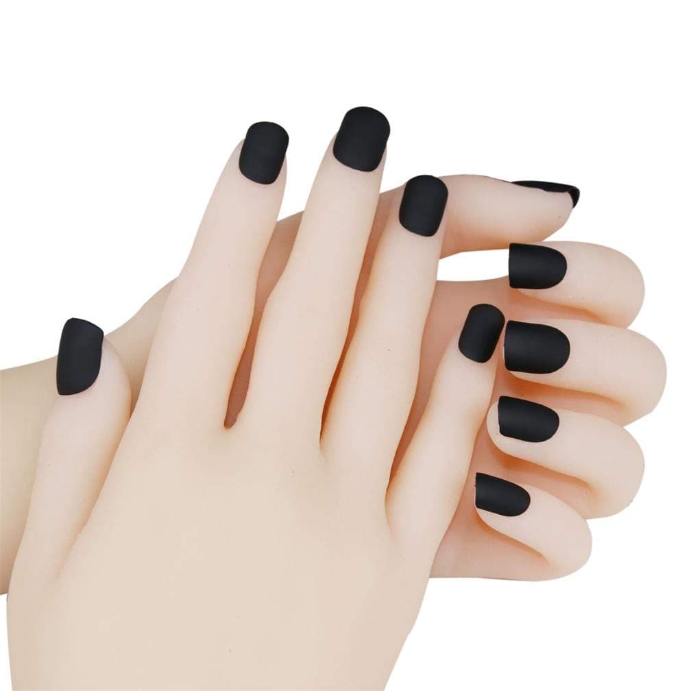 JINDIN 24 Sheet Black Short False Nail Tips Press on Nails Fake Nails with Glue Matte Square False Nails Kit for Women Girls Full Cover Stick on Nails