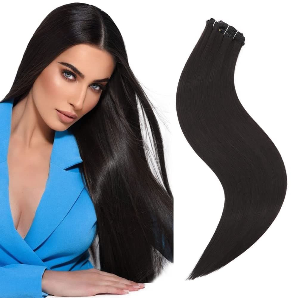K'ryssma Hair Extensions Clip In 20 Inch Natural Black Hair Extensions for Women Soft Kanekalon Fiber Double Wefts Full Head 7PCS Synthetic Thick Hairpieces 150g(#1B))