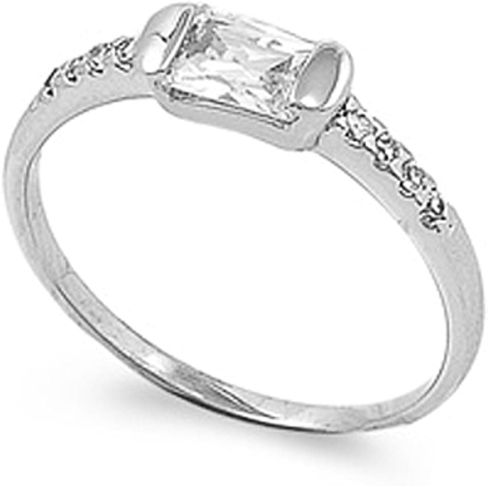 Sterling Silver Cubic Zirconia Ring with Rectangle Clear CZ Stone