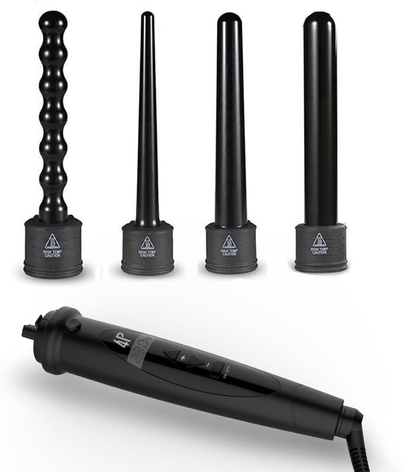 MQB 4 in 1 Curling Iron Set LCD Display with 4 Interchangeable Curling Wand Ceramic Barrels and Heat Resistant Glove, Black