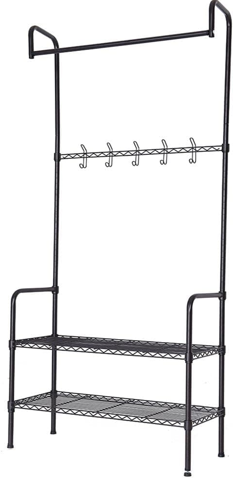 JS HOME Entryway Coat Rack Metal Standing Hall Tree with 2-Tier Grid Wire Shoe Rack, Black
