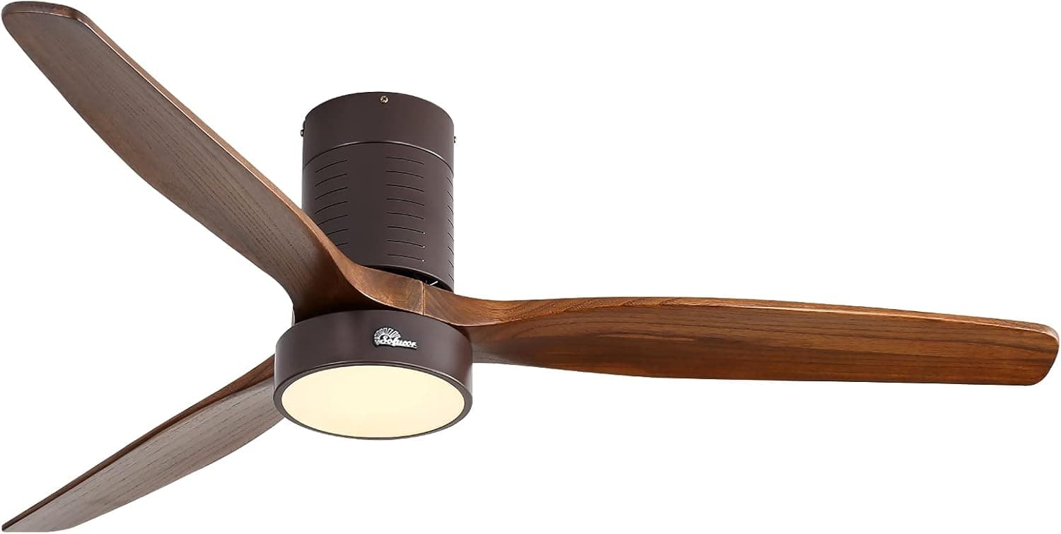 Sofucor Flush Mount Ceiling Fan, Low Profile Ceiling Fan with Lights Remote Control, Wood Ceiling Fan with Remote, Quiet Energy-Saving with 6-Speed, 52'', Brown