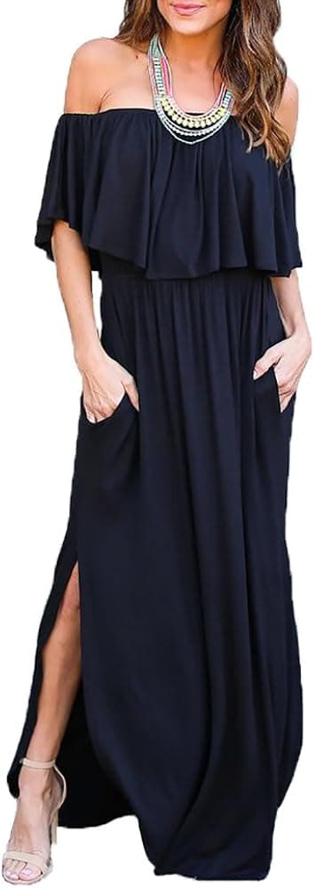 OYANUS Womens Off The Shoulder Ruffles Pockets Dress Side Split Maxi Dresses
