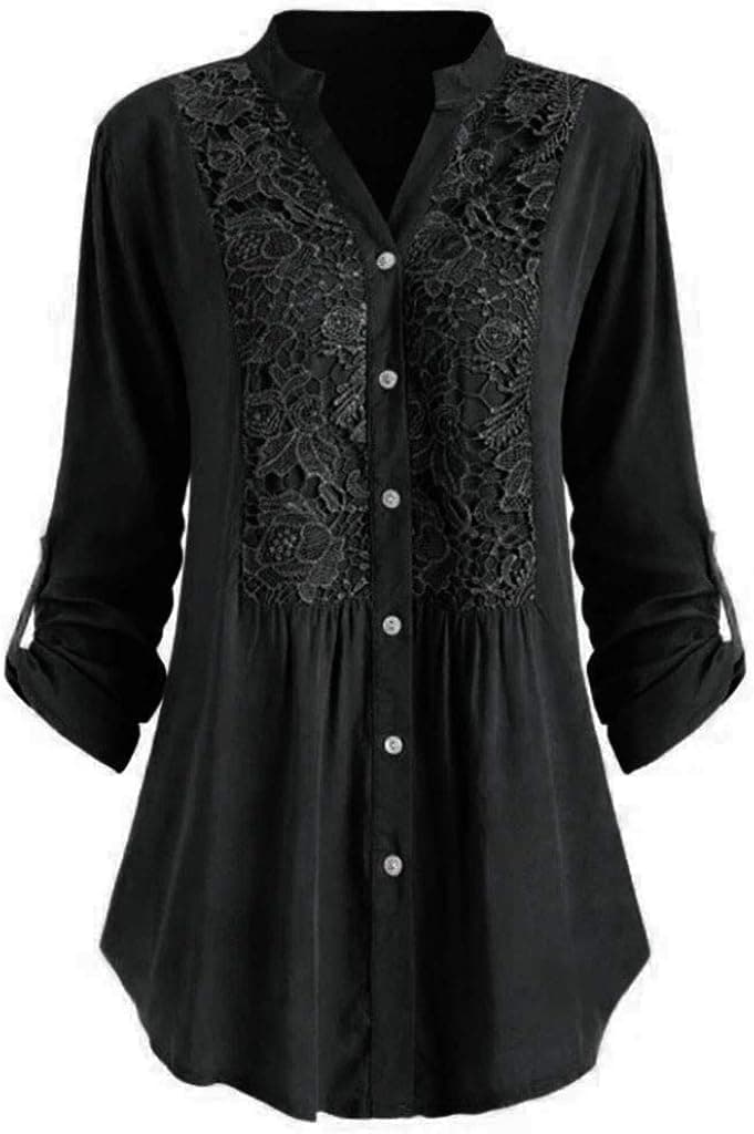 Women's Henley V Neck Floral Lace Crochet Blouse Tops Roll-up Sleeve Button Down Tunic Shirt