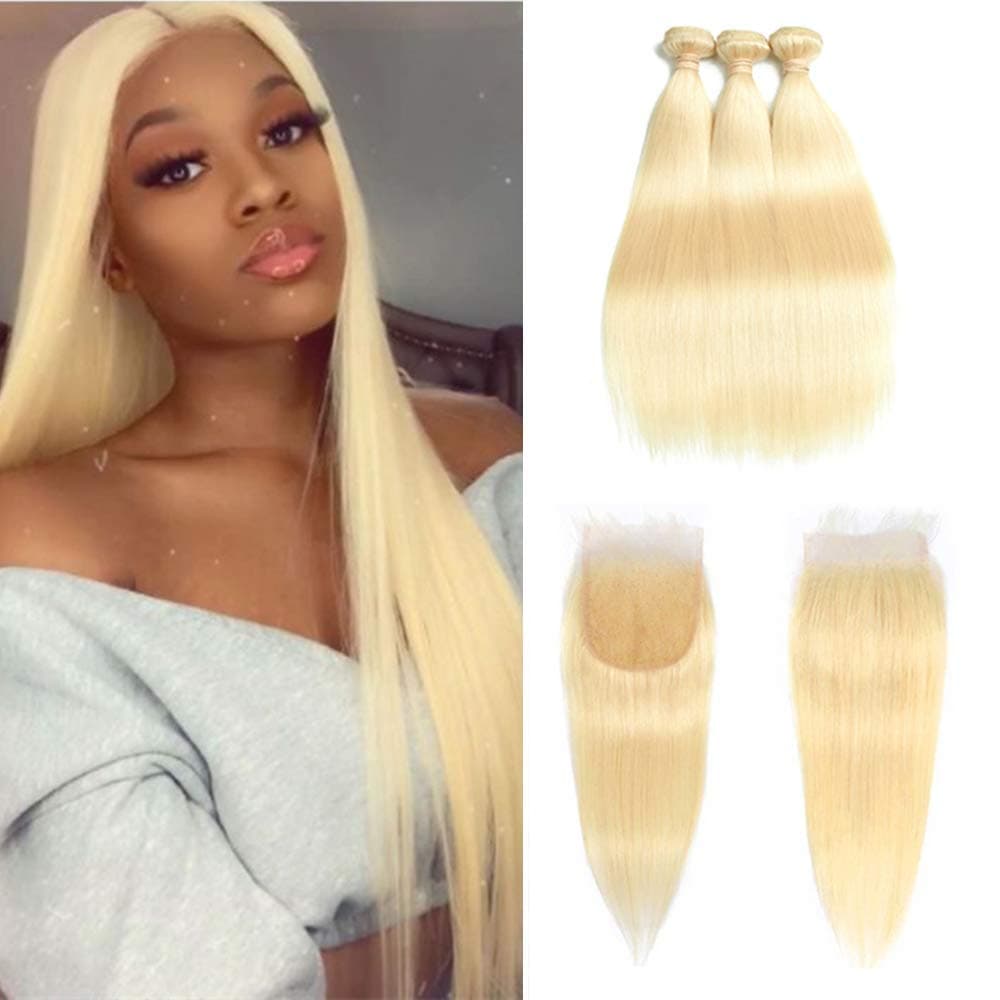 Fabeauty 613 Blonde Human Hair Bundles with Closure Brazilian Straight with Closure 100% Virgin Human Hair Weave with 4x4 Lace Closure (12 12 12+10, 613 bundles with closure)