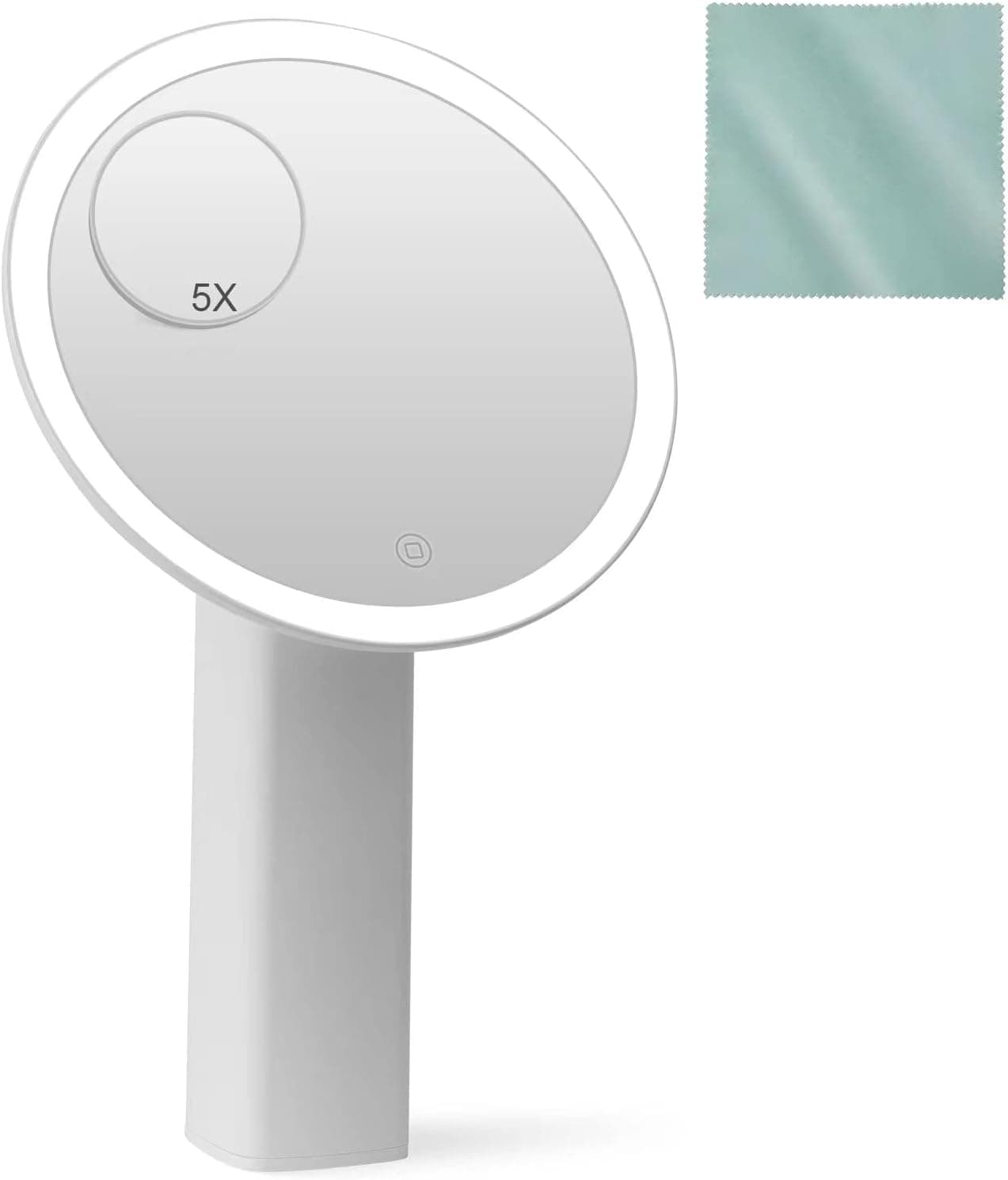JIANFUR Lighted Makeup Mirror with 5X Magnification, Professional 8.7inchHD Large Vanity Mirror, Swivel Tabletop Dimmable Cosmetic Touch Control, Cleaning Cloth, USB Rechargeable, White (JF01 Pro)