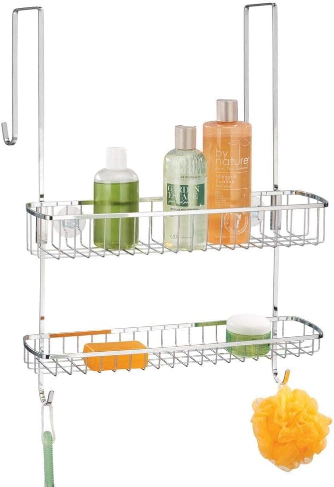 mDesign Wide Over Shower Door Bathroom Tub & Shower Caddy, Hanging Storage Organizer Center - Built-in Hooks, Baskets on 2 Levels for Bathroom Shower Stalls, Bathtubs - Rust Resistant Steel, Chrome