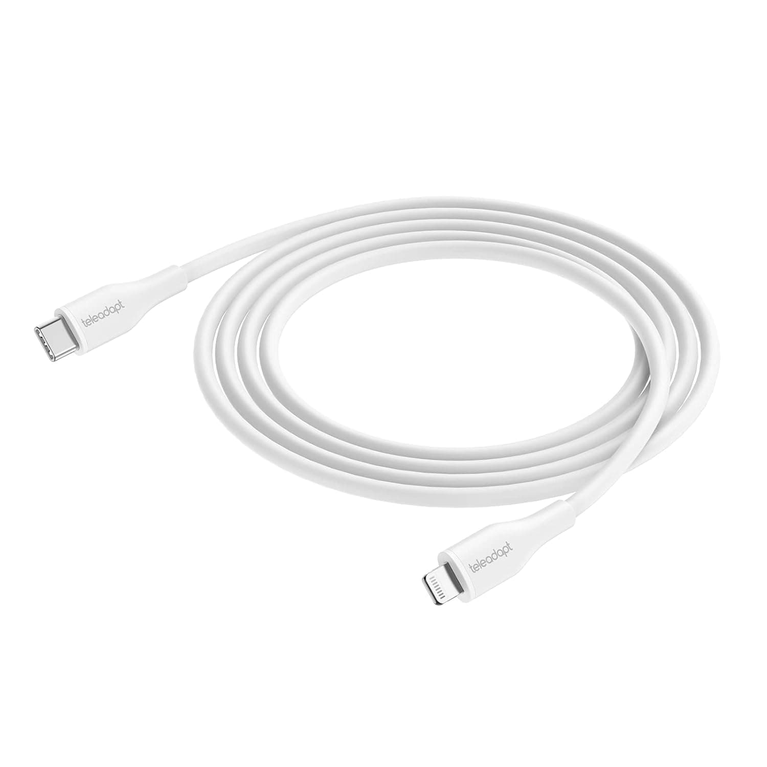 Teleadapt Flexible Silicone USB C to Lightning Cable, MFi Certified. 3A, 30W Fast Charging USB Power Delivery (USB PD) for iPhone (White)