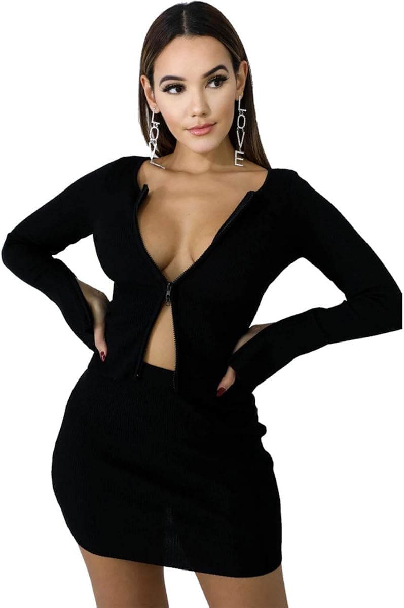 XLLAIS Ribbed Tops and Skirts Sets Double Zipper Tracksuits Women 2 Piece Outfits Clubwear