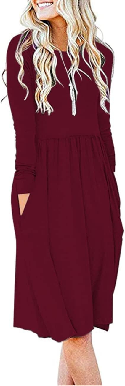AUSELILY Women's Long Sleeve Pockets Empire Waist Pleated Loose Swing Casual Flare Dress
