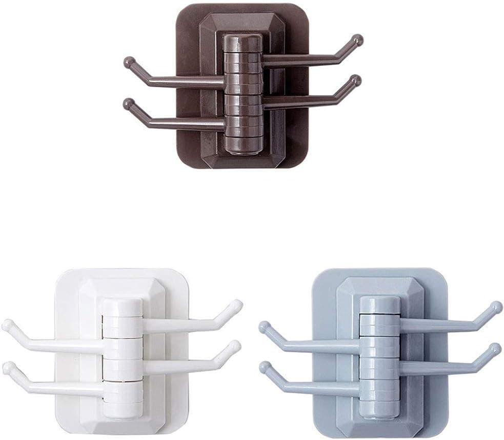 Changjin Adhesive Hook Rotatable Strong Sticky Hook Heacy Duty Kitchen Wall Hanger Load Bearing Bathroom Kitchen Hooks with 4 Hooks Multifunction, Bedroom, Kitchen,Bathroom(3 Pack)