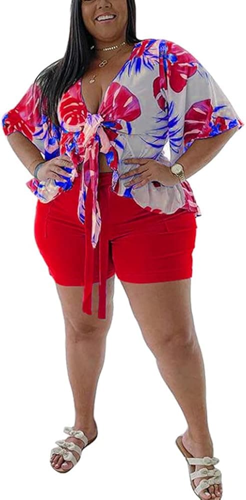 Plus Size 2 Piece Outfits for Women Summer Boho Ruffle Crop Top Shorts Set Floral Print Beach Cover Up