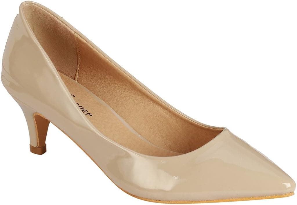 Coshare Women's Fashion Patent Embellished Front Low Heel Pumps,