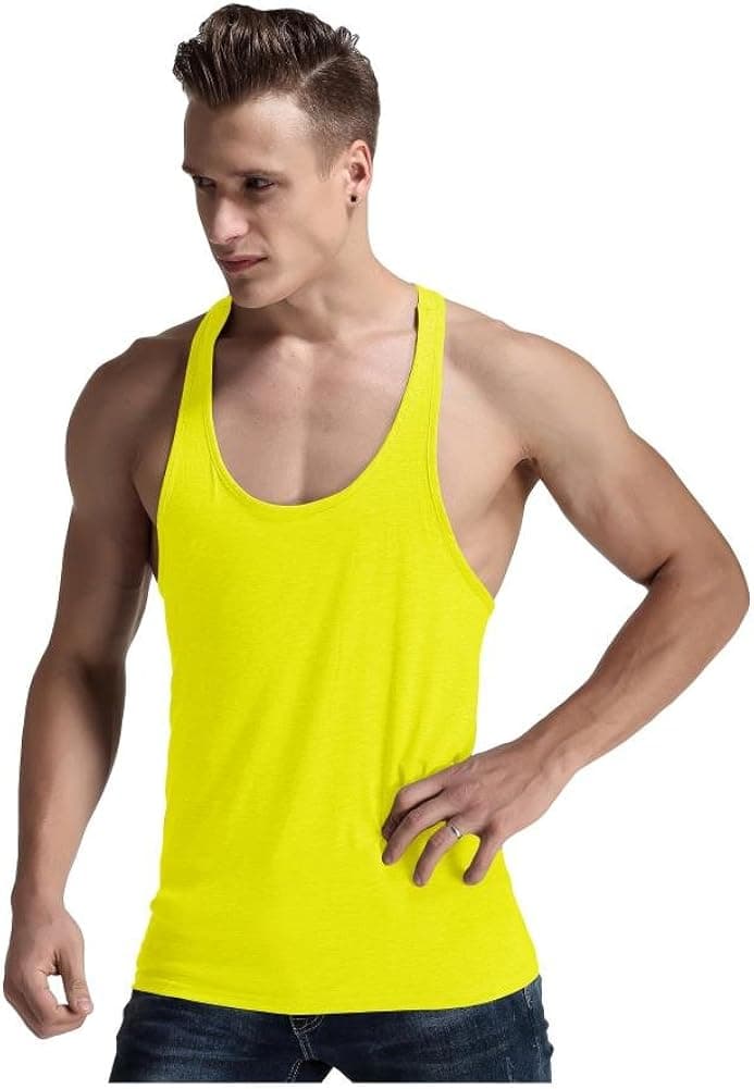 Men Fashion Blank Stringer Y Back Cotton Gym Shark Sleeveless Shirts Yellow