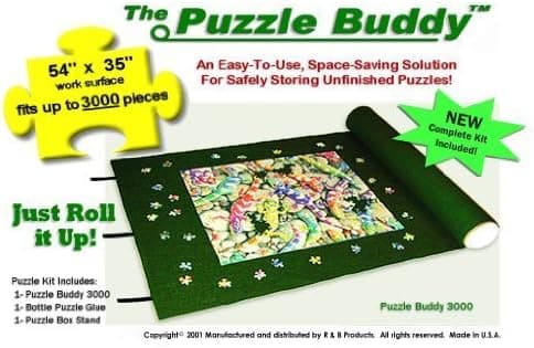 Puzzle Buddy: Jigsaw Puzzle Roll Up Mat | Securely Store, Transport Unfinished Puzzles, High Quality Felt, (Includes Box Stand and Glue Kit), Made In the USA - Perfect Storage Kit For Puzzles Up To 3000 Pieces, 54" x 35" | Perfect for Grandparents, Grandkids or Any Avid Puzzle Enthusiast.