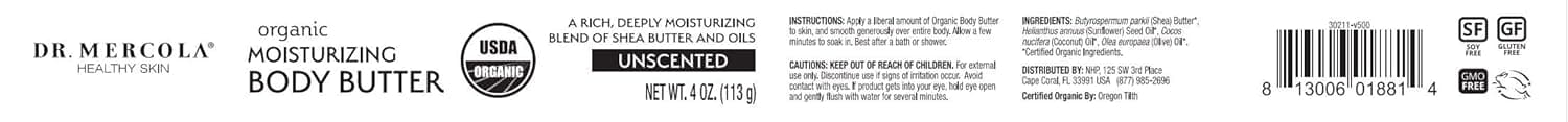 Dr. Mercola Unscented Organic Body Butter, GMO Free and USDA Certified Organic