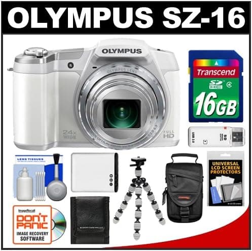 Olympus SZ-16 iHS Digital Camera (White) with 16GB Card + Case + Battery + Flex Tripod + Accessory Kit