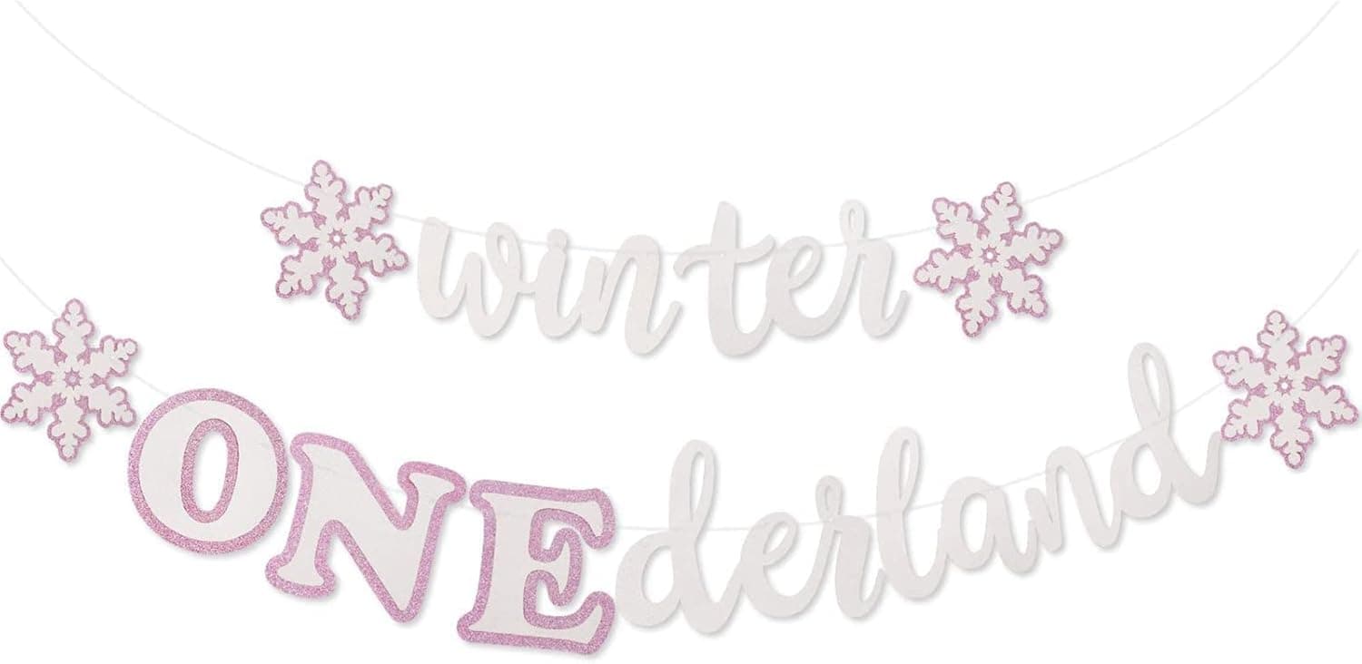 Faisichocalato Winter Onederland Banner Baby Shower Glitter Garland 1st Birthday Winter Onederland Party Decorations First Birthday Party Decor for Girls Party Supplies Winter Snowflake Pink and White