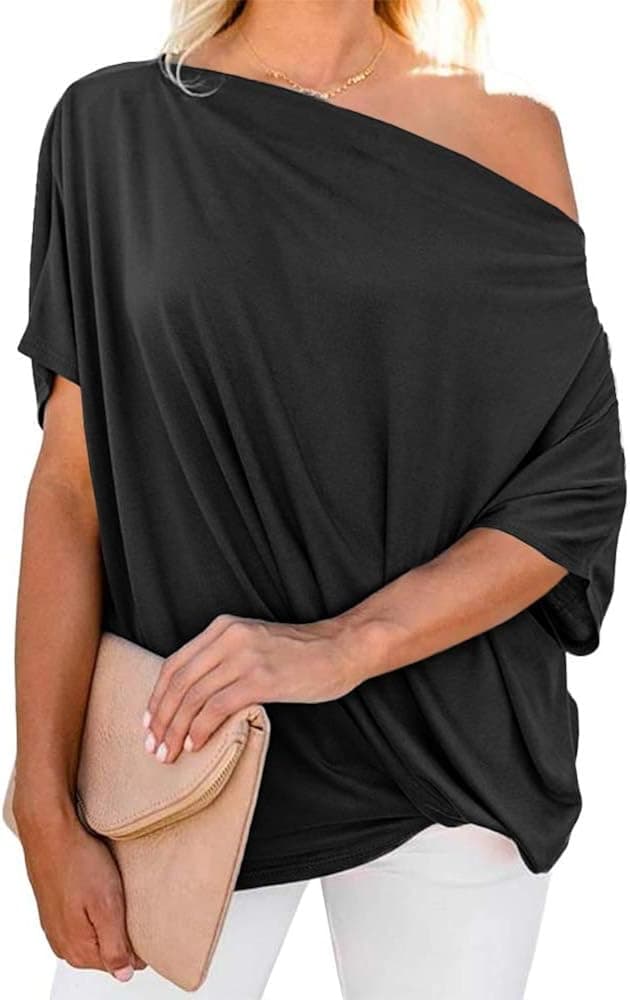 Ofenbuy Women's Solid Short Sleeve Off Shoulder Shirt Twist Knot Oversized Casual Summer Blouse Tops