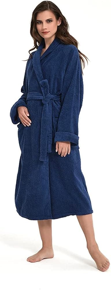 TONYRENA Womens Terry 100% Cotton Bathrobe, Shawl Collar Robe, 2 Pockets, Belt, Soft, White, Small