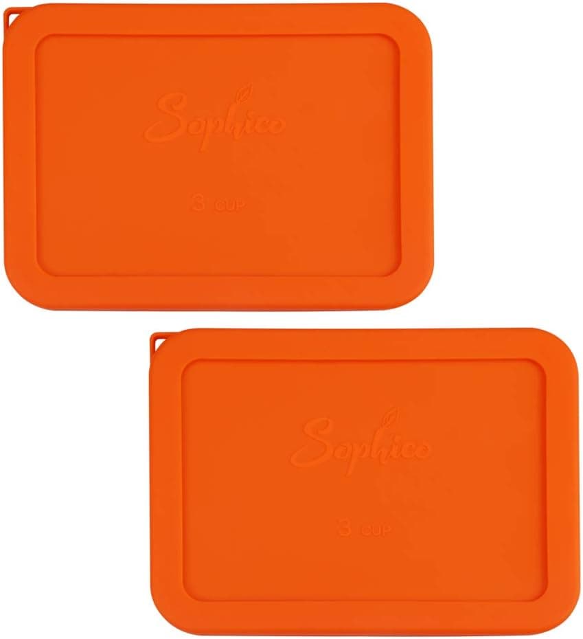 Sophico 3 Cup Rectangle Silicone Storage Cover Lids Replacement for Pyrex 7210-PC Glass Bowls, Container not Included (ORANGE, 2 Pack)