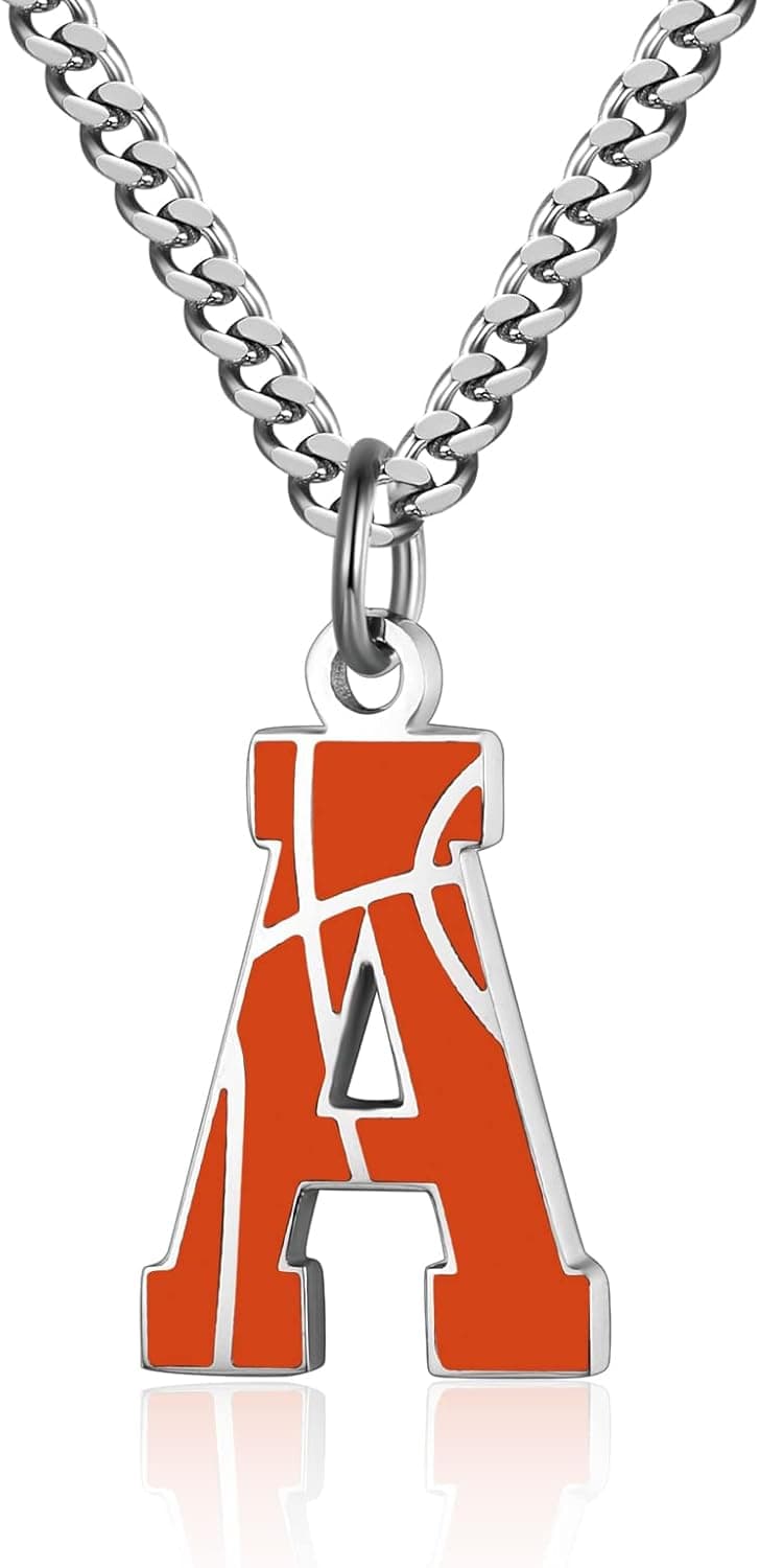 AIAINAGI Basketball Initial A-Z Letter Necklace for Boys Basketball Charm Pendant Stainless Steel Silver Chain 22 inch Personalized Basketball Gift for Men Women Girls