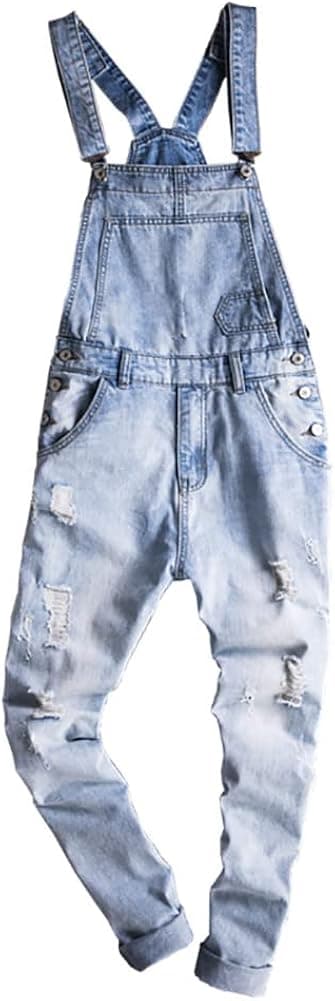 Sokotoo Men's Light Blue Slim Snow Washed Denim Bib Overalls