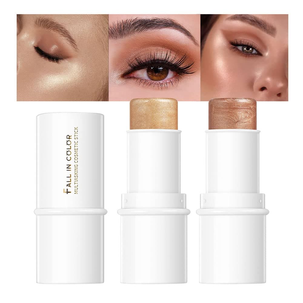 2 PCS Moisturize Shimmer Highlighter Metallic Eyeshadow Stick,Non Stick Face Brightens Bronze Pencil,Multi-Use Highlighter Glitter Eyeshadow Makeup Stick,Easy to Use Waterproof Long-lasting Effect