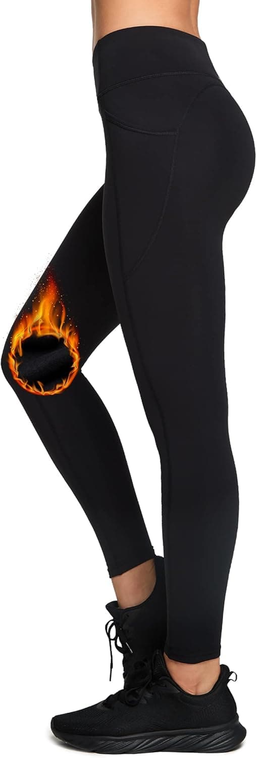 Yvette Fleece Lined Leggings with Pockets Women Lightweight Thermal Workout Running Yoga Pants High Waisted