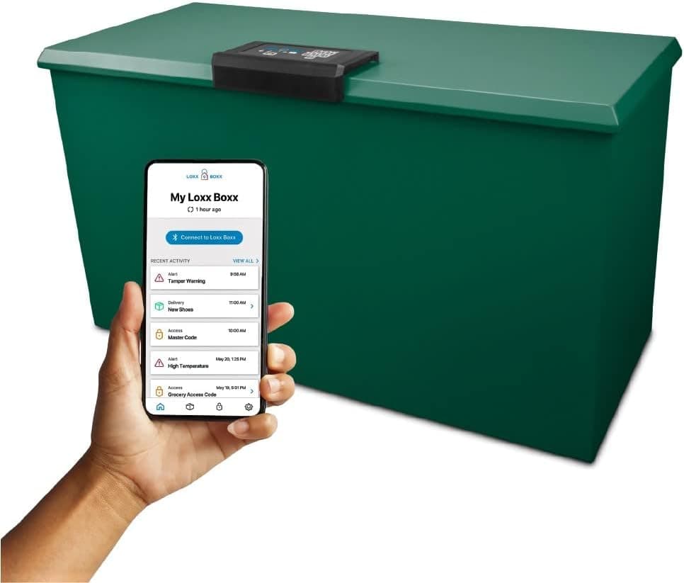 Loxx Boxx Household (Large) is a Secure Package Delivery Box with an App That manages Access, Deliveries, Tamper, and Monitors Temperature. All with Notifications to Your Phone!
