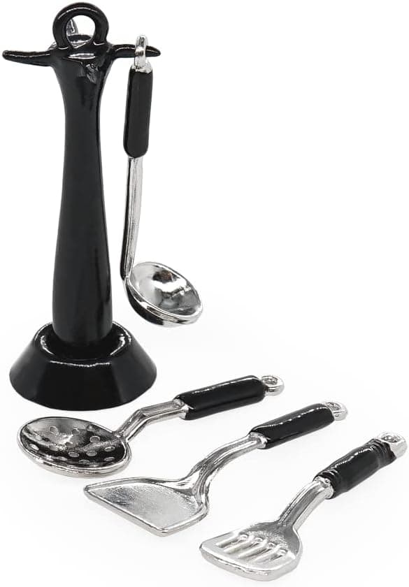 Odoria 1/12 Miniature Kitchen Utensils with Stand Dollhouse Decoration Accessories, Black