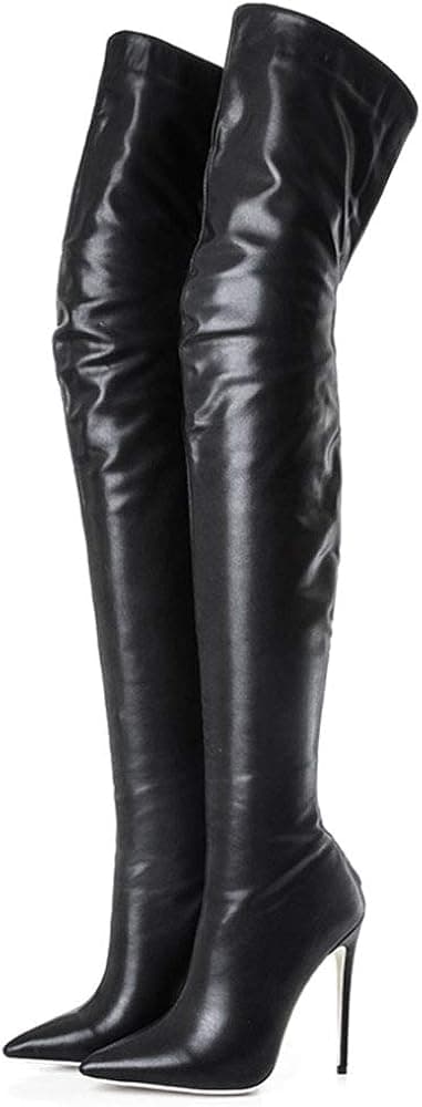 Kitulandy Women's Over The Knee Boots High Heels Zipper PU Leather Thigh High Boot